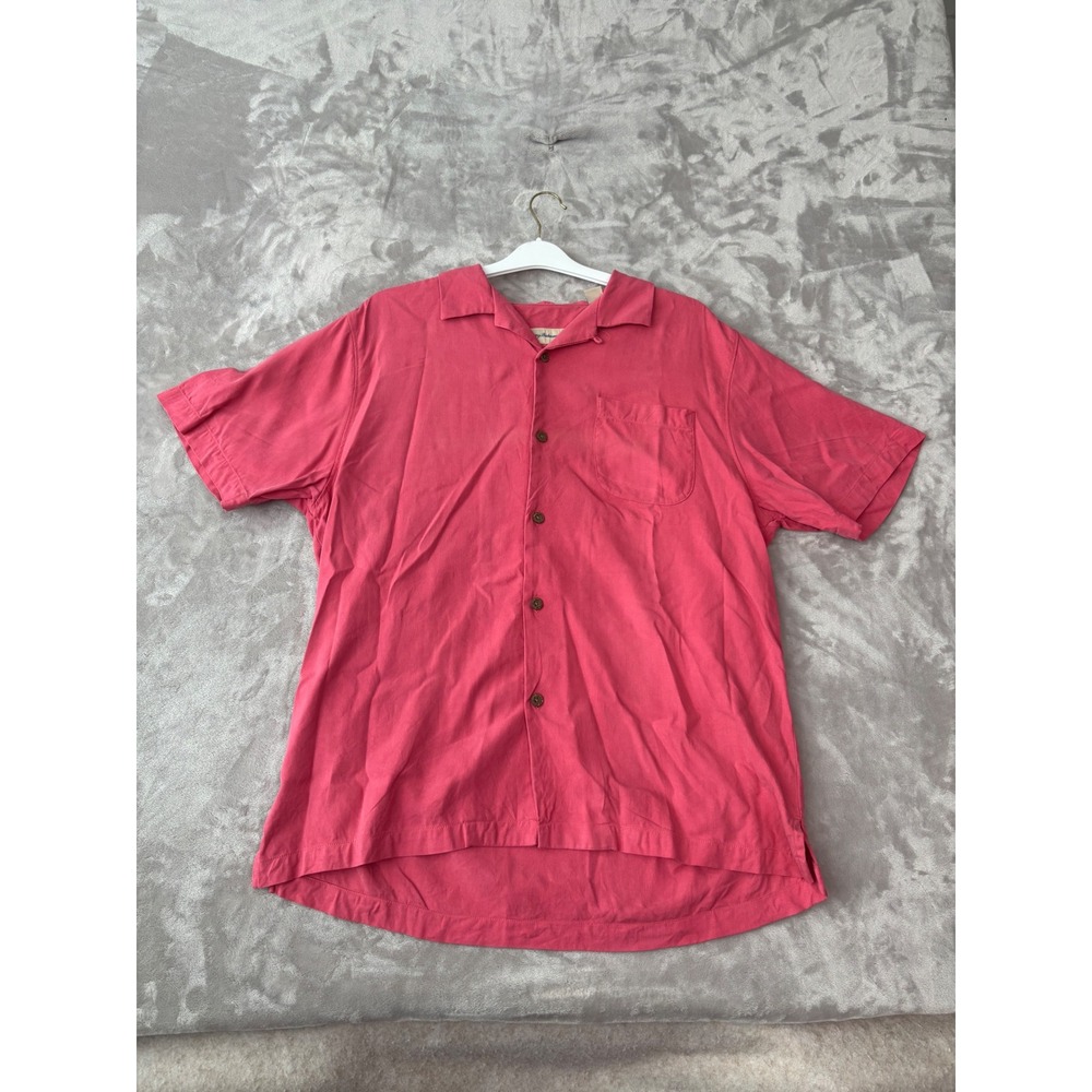 Tommy Bahama Mens Pink 100% Silk Herringbone Short Sleeve Camp Shirt Large 1481
